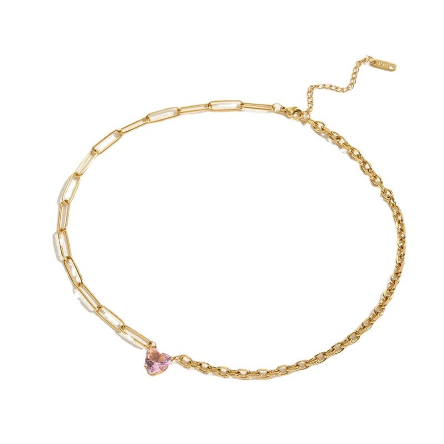 Pink Heart Shape Necklace [304 Stainless Steel,14K Gold Plated]