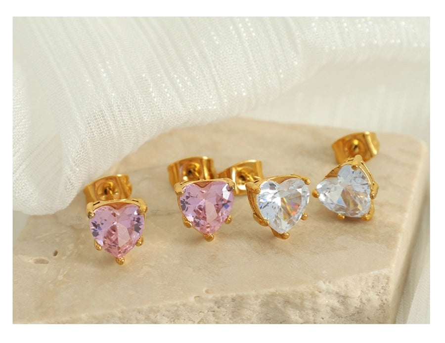 Pink White Zircon Heart Earrings/Necklace [304 Stainless Steel, 18K Gold Plated]