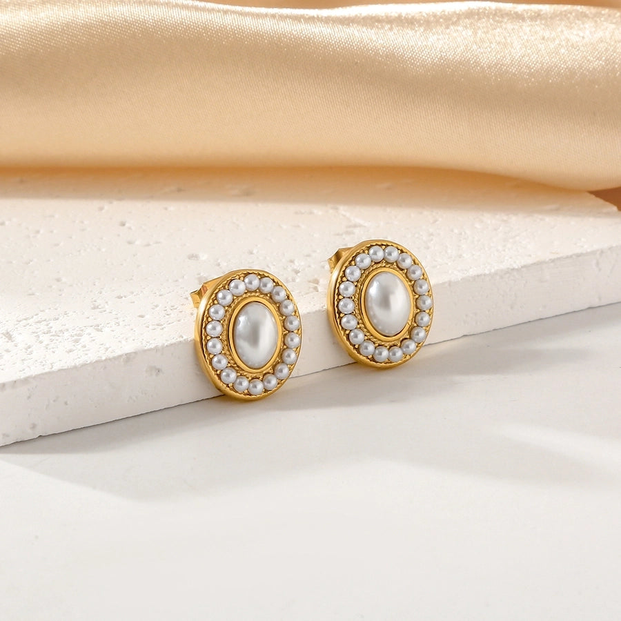 Oval Pearl Ear Studs [304 Stainless Steel,18K Gold Plated]