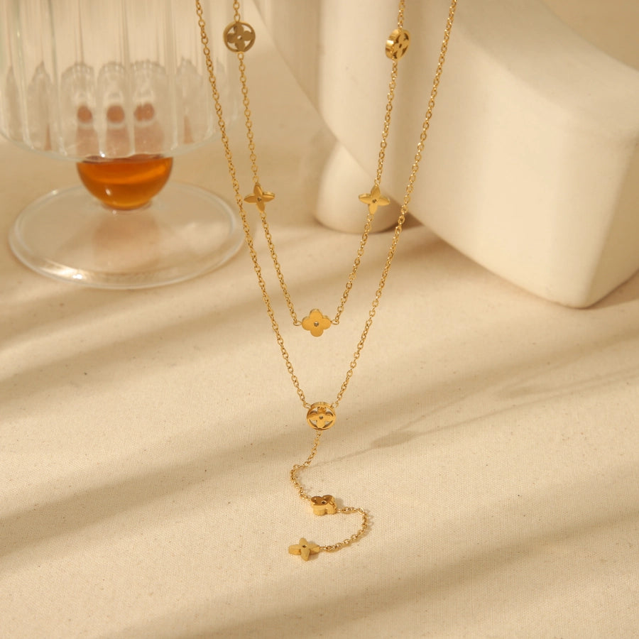 Four Leaf Clover Flower Zircon Necklace [304 Stainless Steel,18K Gold Plated]