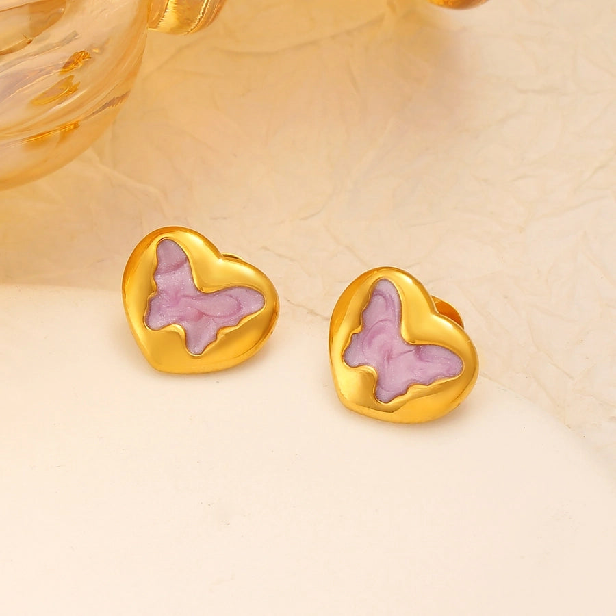 Oval Butterfly Rectangle Enamel Earrings [304 Stainless Steel,18K Gold Plated]