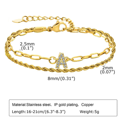 Letter Zircon Bracelets [201 Stainless Steel,Copper,18K Gold Plated]