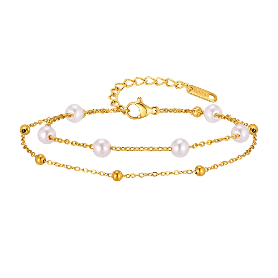 Imitation Pearl Layered Chain Bracelet [201 Stainless Steel, 18K Gold Plated]