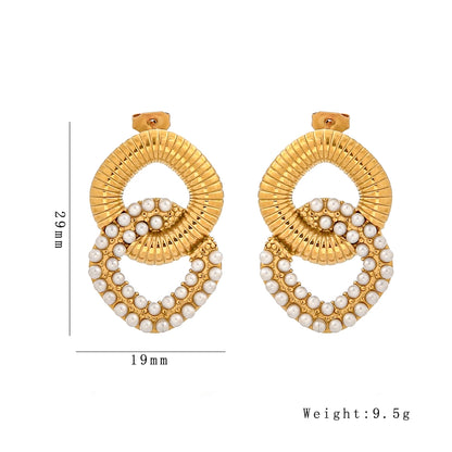 Vintage Style Double Ring Artificial Pearls Earrings [304 Stainless Steel,18K Gold Plated]