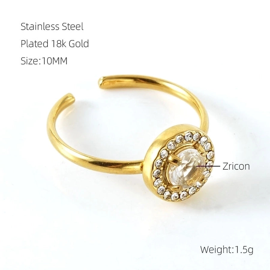 Shiny  Square Water Droplets Heart Shape Zircon Open Ring [Stainless Steel 18K Gold Plated]