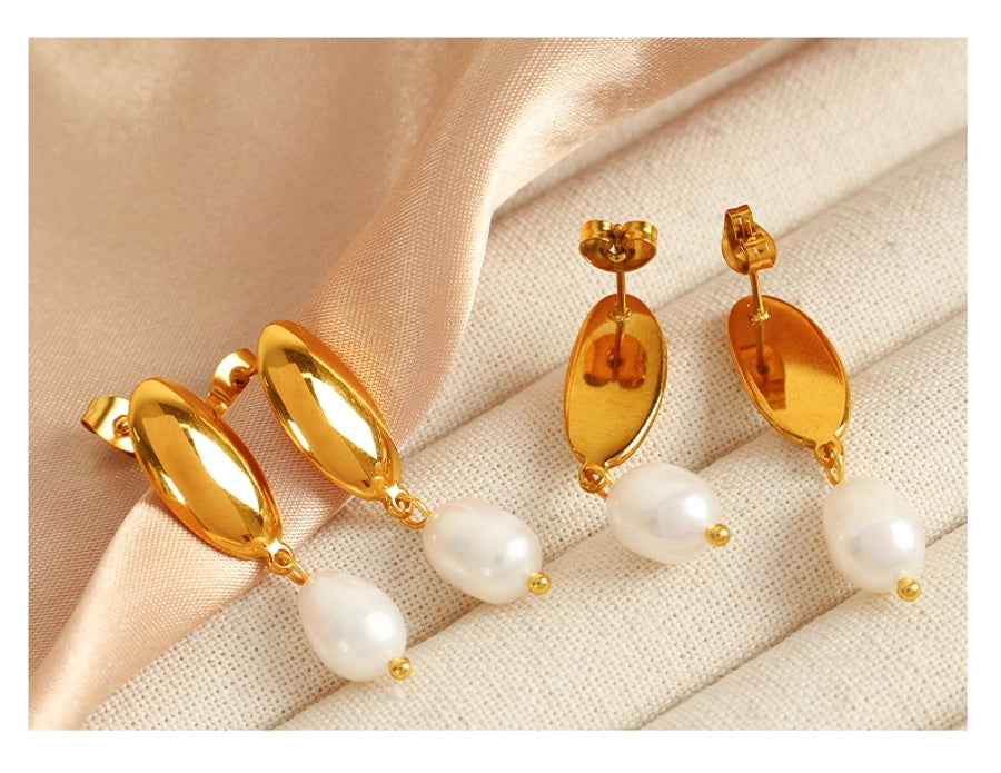 Freshwater Pearl Oval Drop Earrings [304 Stainless Steel,18K Gold Plated]