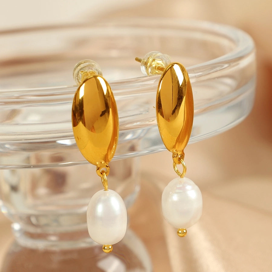 Freshwater Pearl Oval Drop Earrings [304 Stainless Steel,18K Gold Plated]