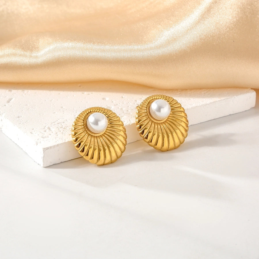 Pearl Round Earrings [316 Stainless Steel,18K Gold Plated]