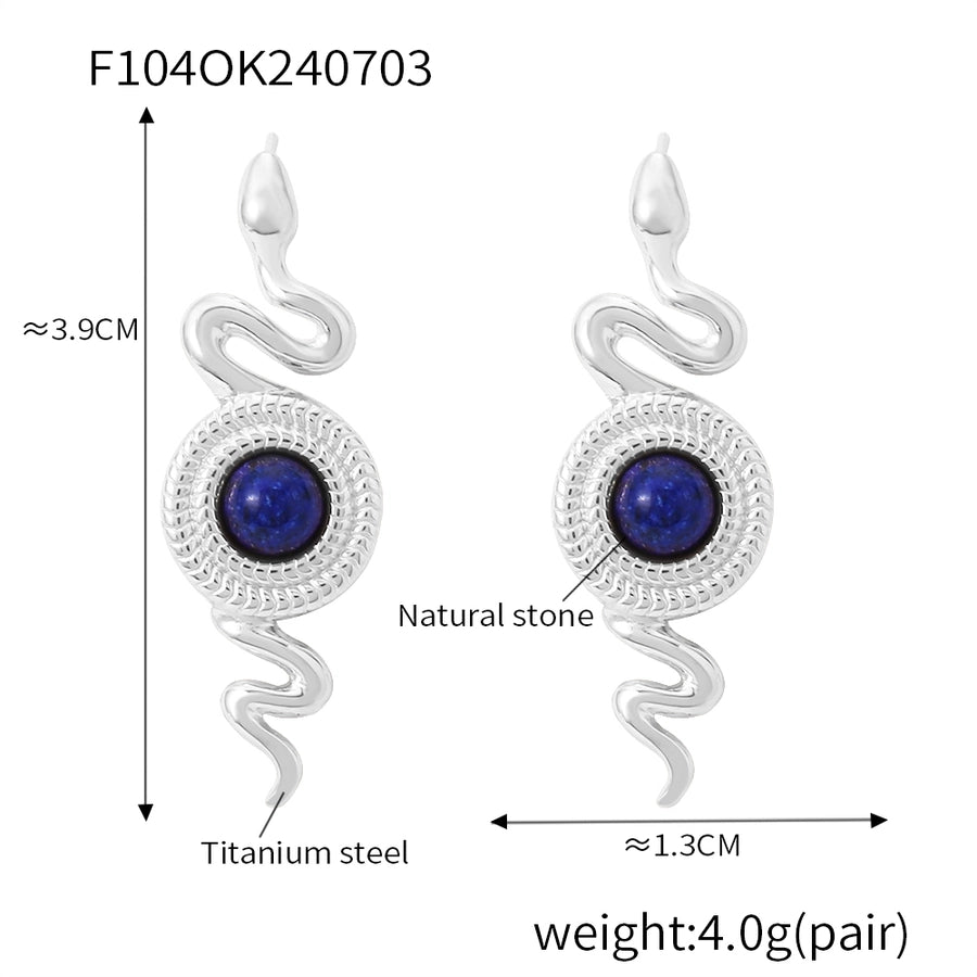 Boucles d'oreilles d'agate de pierre naturelle de serpent rond [304 en acier inoxydable, 18 km plaqués à l'or]