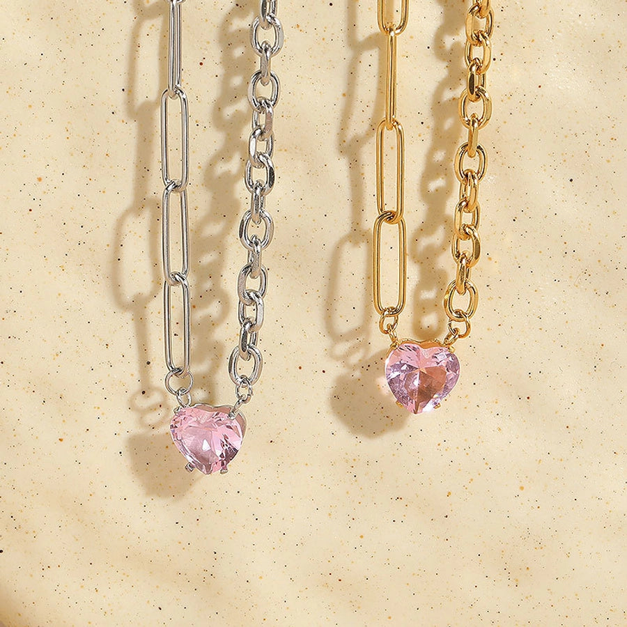 Pink Heart Shape Necklace [304 Stainless Steel,14K Gold Plated]