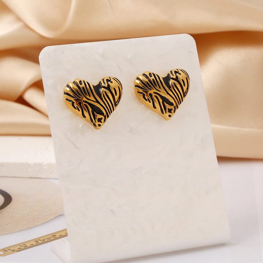 Retro Print Heart Earrings [304 Stainless Steel]