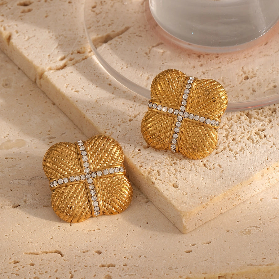 Square Cross Zircon Earrings [304 Stainless Steel,18K Gold Plated]