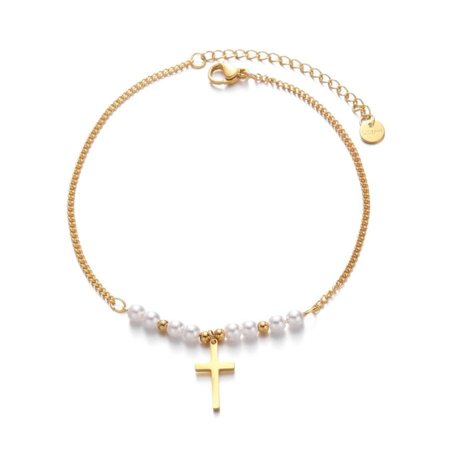 Cross Pearl Beaded Anklet [304 Stainless Steel, 14K Gold Plated]