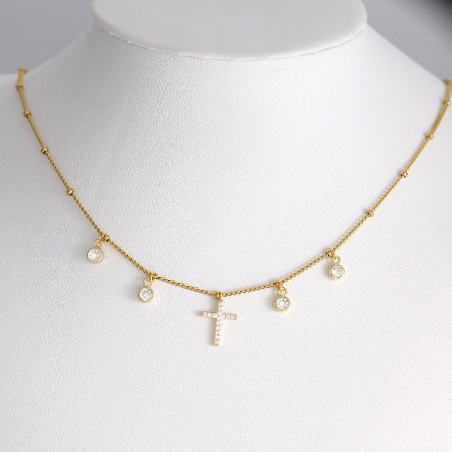 Cross Round Zircon Necklace [304 Stainless Steel,18K Gold Plated,Copper]