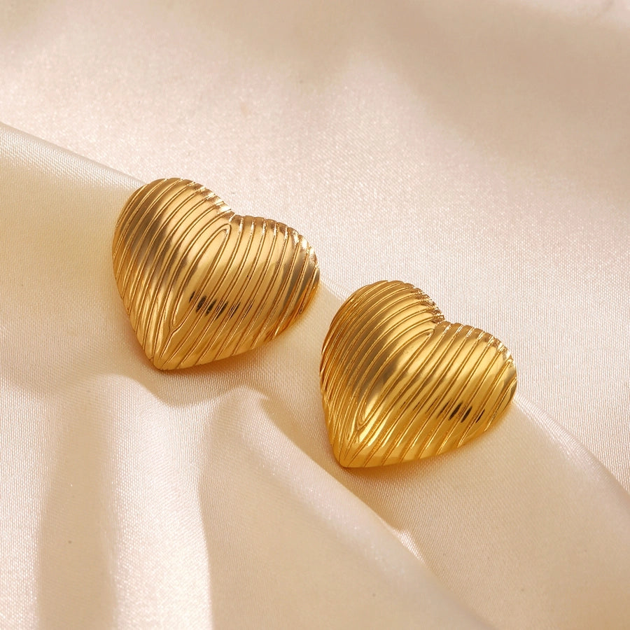 Striped Style Heart Shape Earrings [304 Stainless Steel,18K Gold Plated]