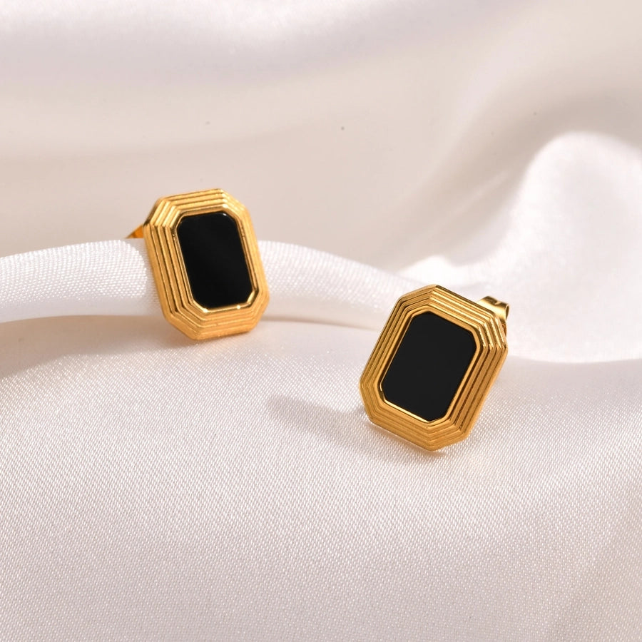 Black Square Agate Earrings [201 Stainless Steel,18K Gold Plated]