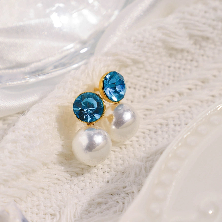 Pearl Zircon Ear Studs [304 Stainless Steel,14K Gold Plated]