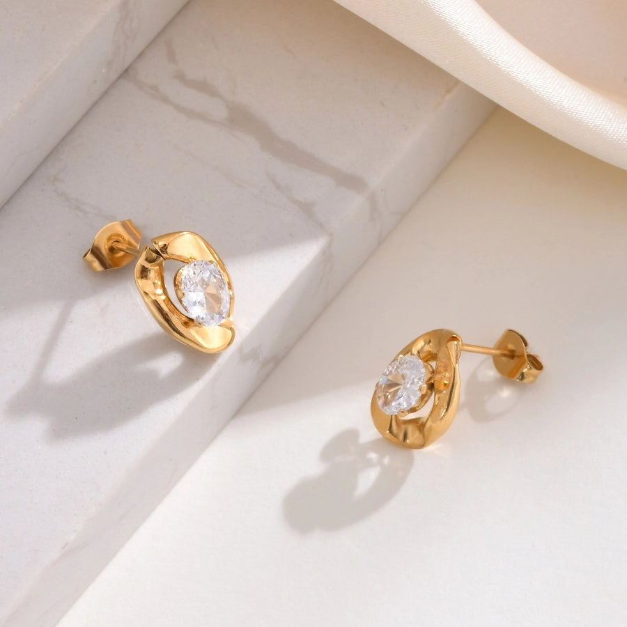 Ovaler Zirkon 1earrings [201 Edelstahl, 18K Gold plattiert]