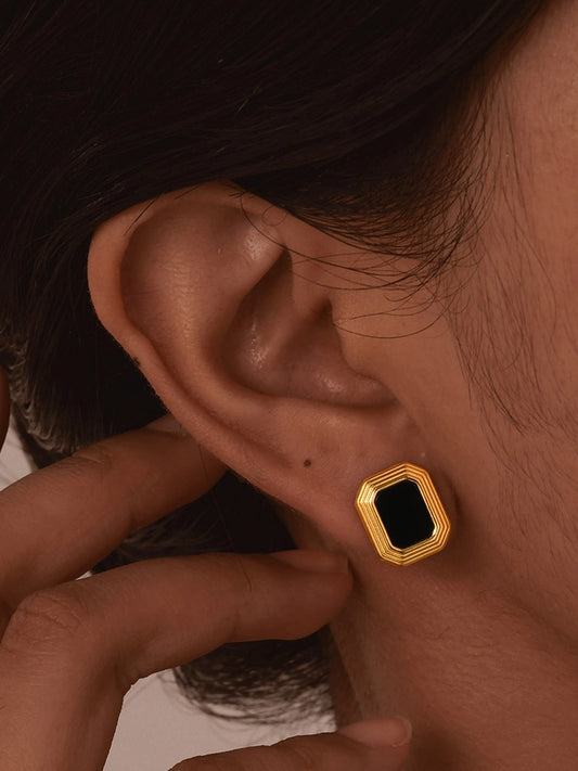 Black Square Agate Earrings [201 Stainless Steel,18K Gold Plated]