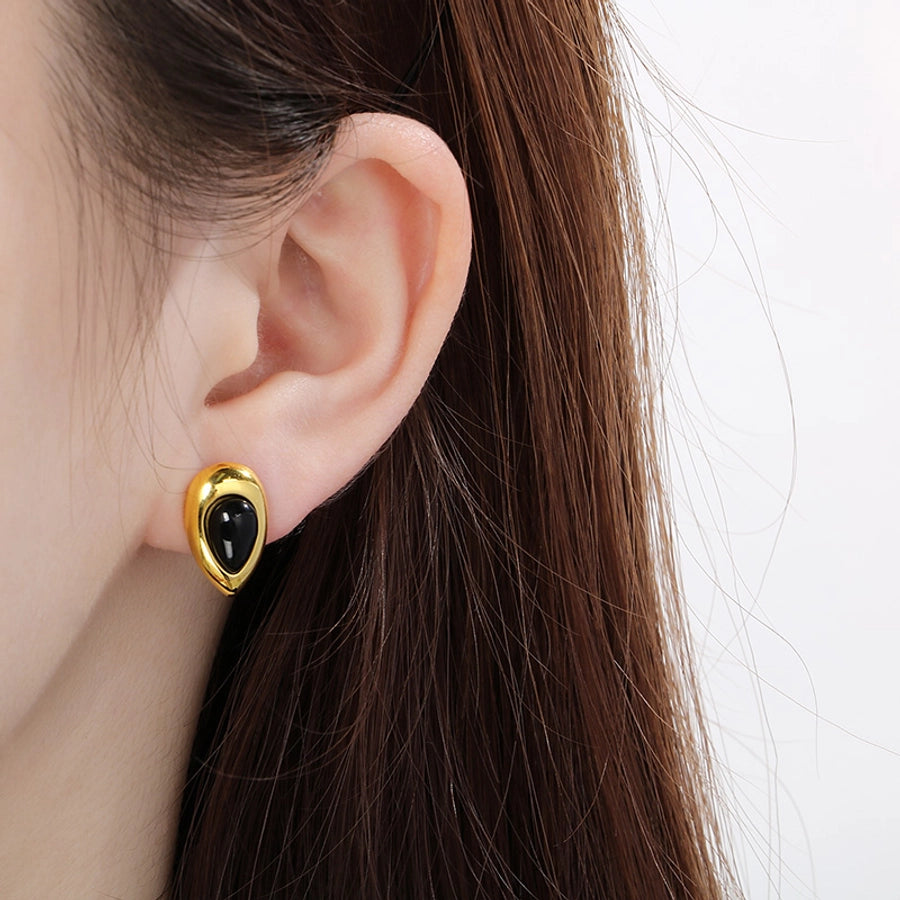 Black Stone Water Droplets Earrings [304 Stainless Steel, 18K Gold Plated]