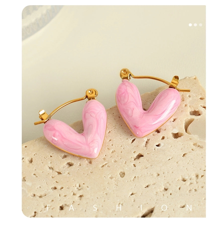 Heart Shape Polishing Enamel Earrings [304 Stainless Steel,18K Gold Plated]