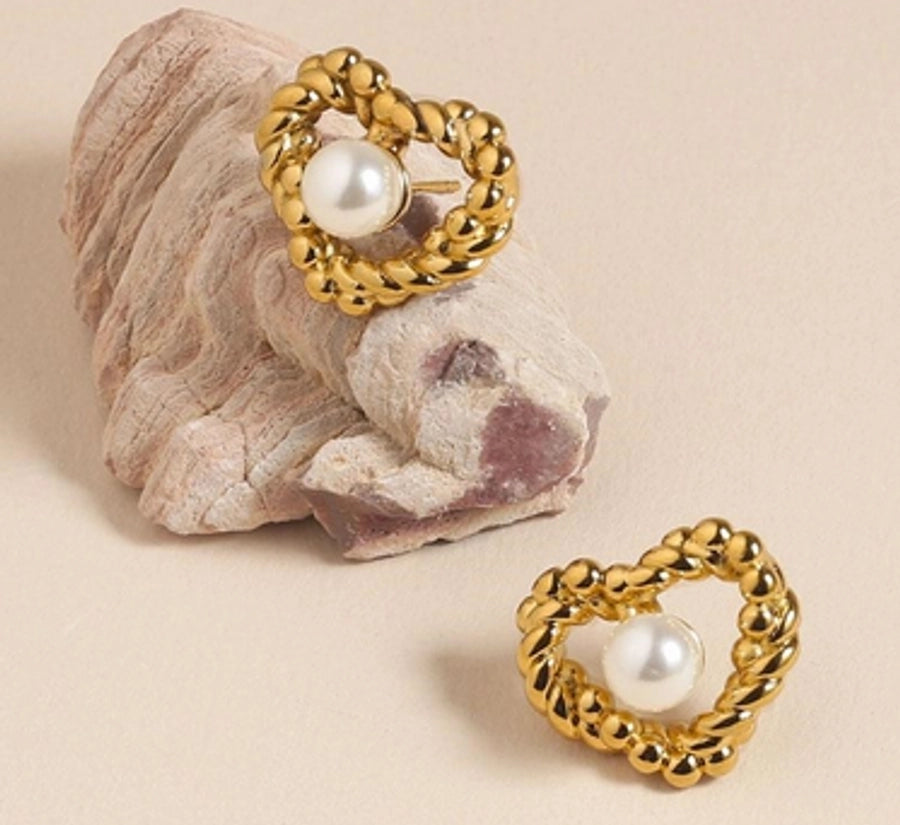 Heart Shape Pearl Earrings [304 Stainless Steel, 18K Gold Plated]