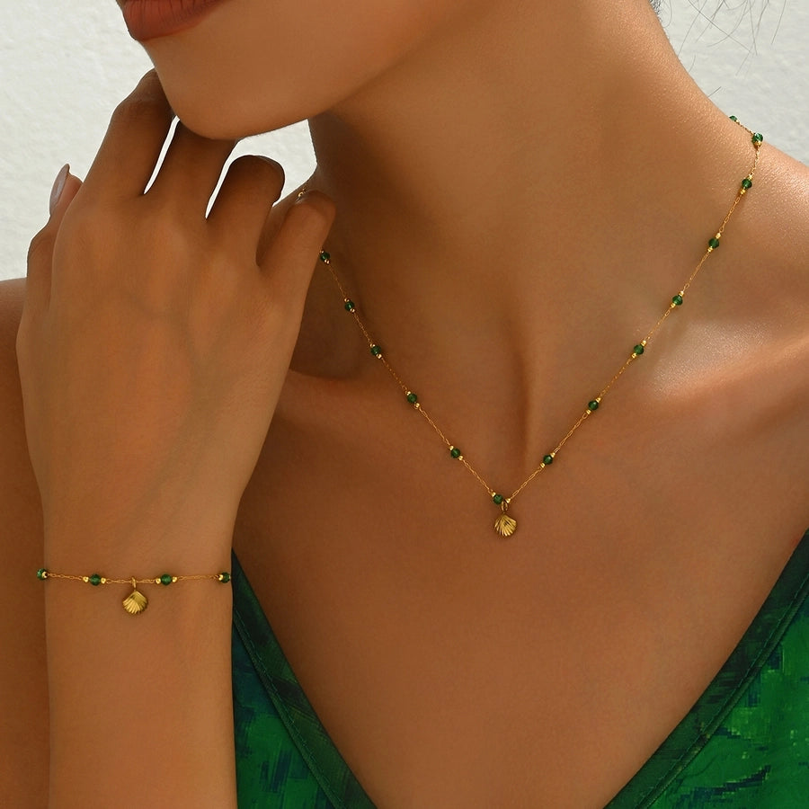 Green Beaded Shell Jewelry Set [304 Stainless Steel]