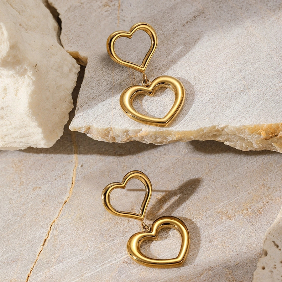 Double Hanging Hearts Earrings [304 Stainless Steel,18K Gold Plated]