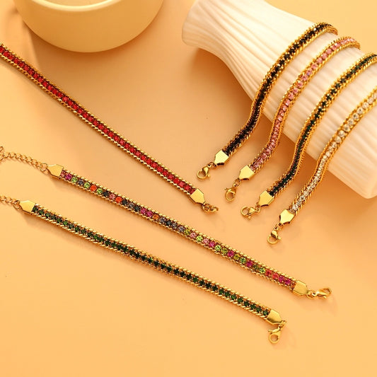 Color Block Zircon Bracelets [304 Stainless Steel,18K Gold Plated]