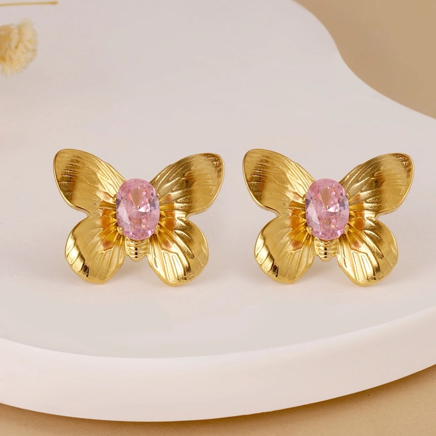 Butterfly Steel Zircon Earrings [304 Stainless Steel, 14K Gold Plated]