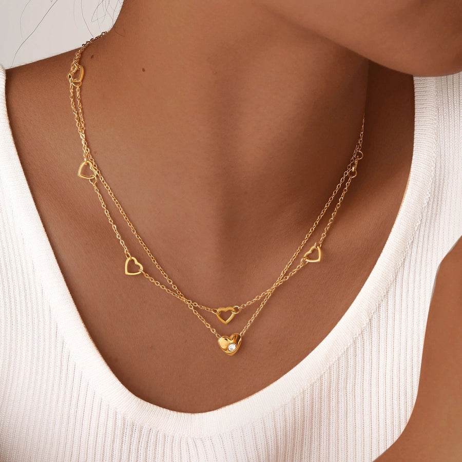 Heart Shape Hollow Double Layer Necklace [304 Stainless Steel,18K Gold Plated]