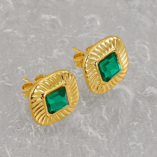 Boucles d'oreilles en pierre en verre vert carré [304 en acier inoxydable, 18 carats en or]