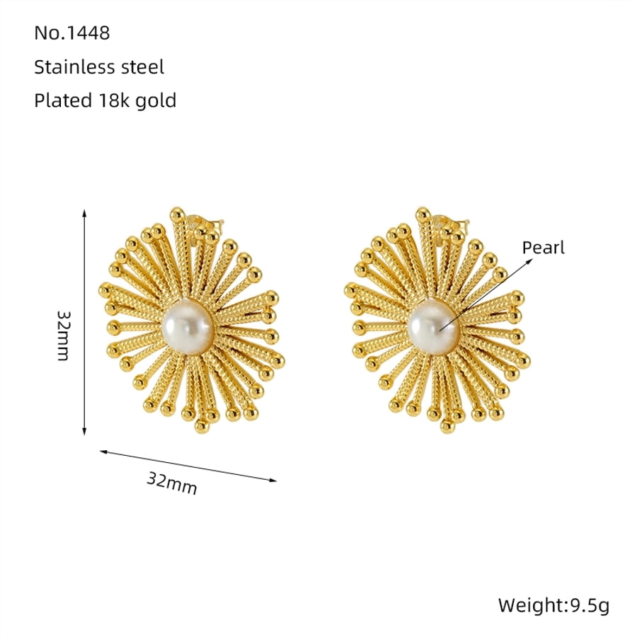 Dandelion Artificial Pearls Earrings [304 Stainless Steel,18K Gold Plated]