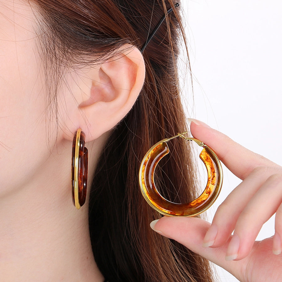 Round Resin Hoop Earrings [304 Stainless Steel, 18K Gold Plated]