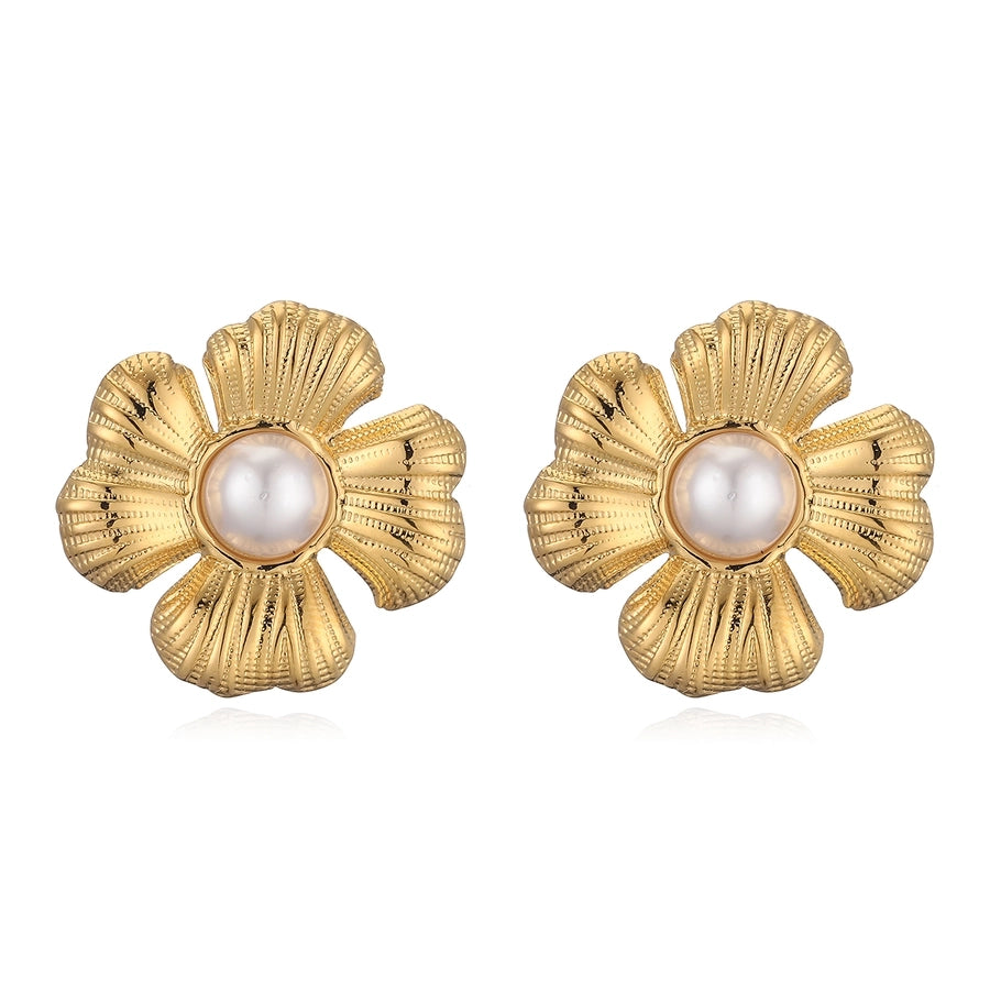 Exaggerated Flower Pearl Ear Studs [304 Stainless Steel]