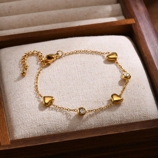 Bracciale zircone a forma di cuore [201 in acciaio inossidabile, oro 18K placcato]