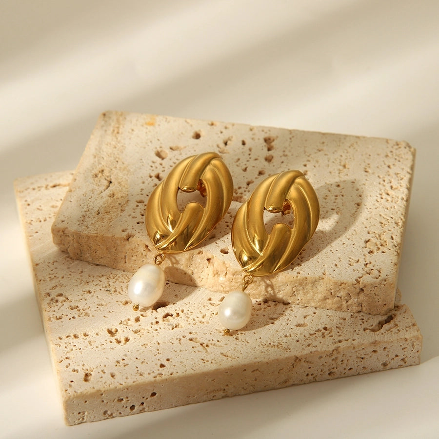 Oval Pleated Pearl Drop Earrings [304 Stainless Steel,18K Gold Plated]