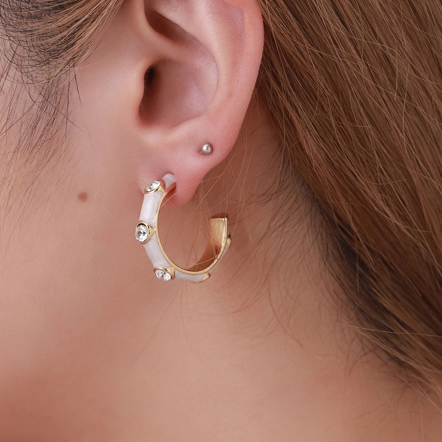 C Shape Zircon Black and White Earrings [304 Stainless Steel,18K Gold Plated]