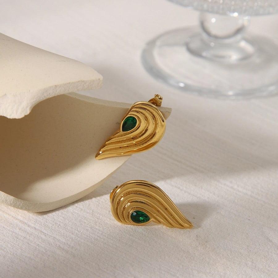 Green Stone Wings Earrings [304 Stainless Steel,18K Gold Plated]