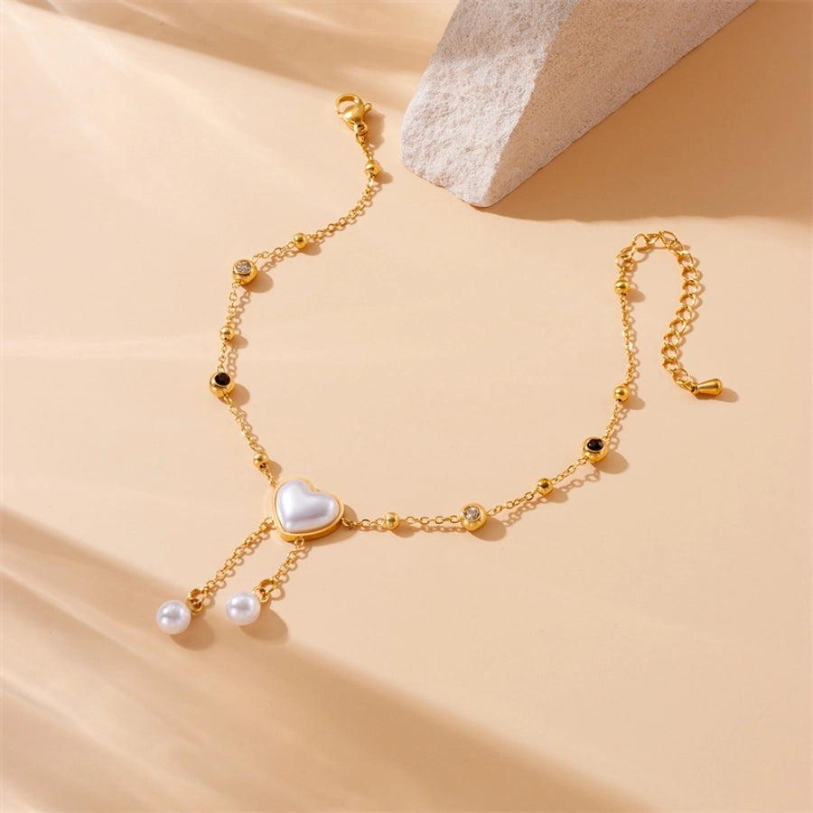 Vacation Heart Shape Eye Roman Numeral  Pearls Anklet [304 Stainless Steel, 18K Gold Plated]