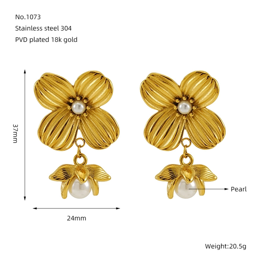 Brautblume künstliche Perlen Drop -Ohrringe [304 Edelstahl, 18K Gold plattiert]