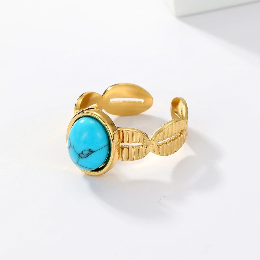 Round Square Turquoise Open Ring [201 Stainless Steel, 18K Gold Plated]