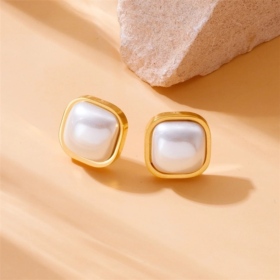 Square Pearl Stud Earrings [304 Stainless Steel, 18K Gold Plated]