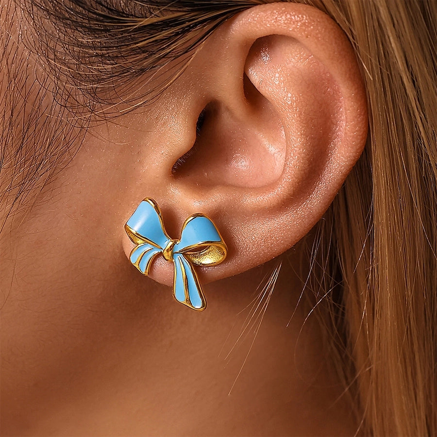 Color Preppy Style Bow Knot Enamel Earrings [304 Stainless Steel,18K Gold Plated]