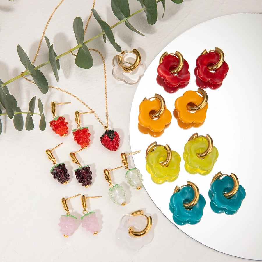 Flower Grape Resin Earrings [304 Stainless Steel, 18K Gold Plated]