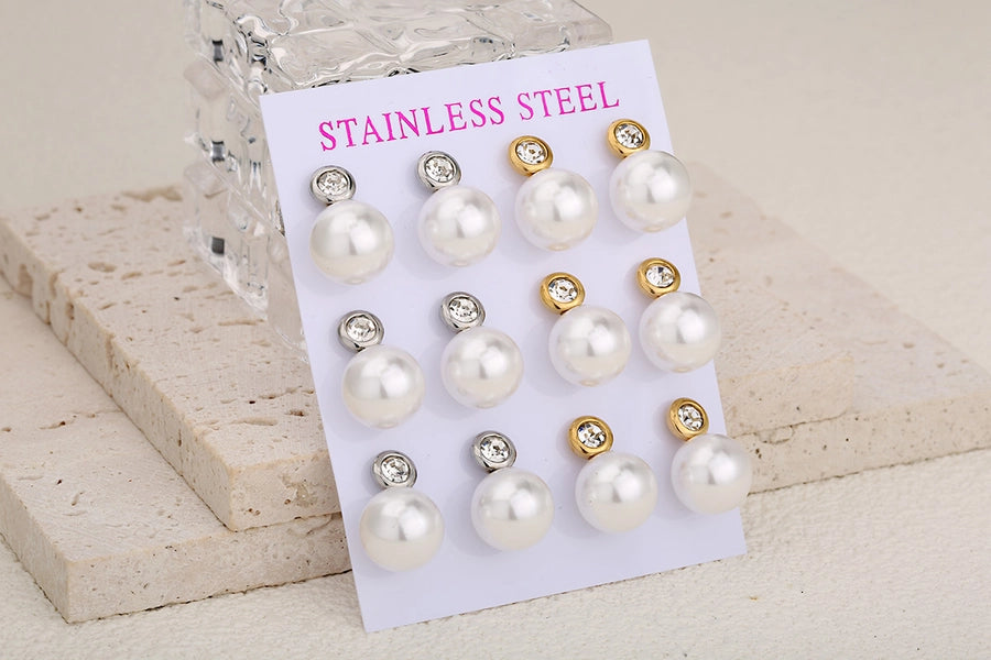 Round Pearl Stud Earrings Set [304 Stainless Steel]