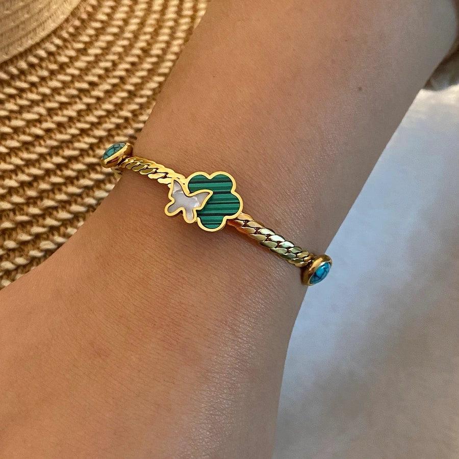 Blomster sommerfugl turkise armbånd [rustfritt stål, 18K gullbelagt]