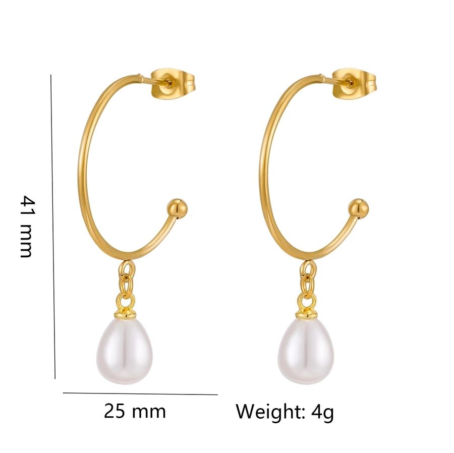 Drop Pearl Hoop Earrings [316 Stainless Steel,18K Gold Plated]