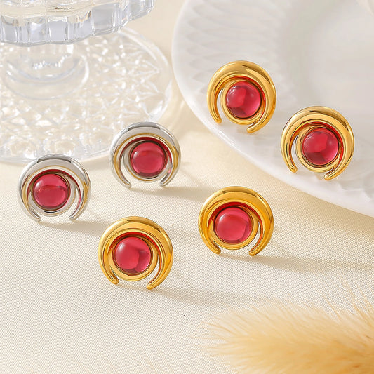 Red Bead Stud Earrings [304 Stainless Steel,18K Gold Plated]