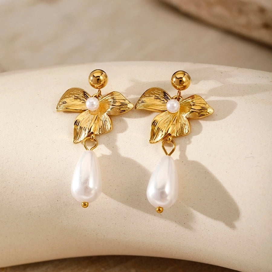 Flower Artificial Pearls Drop Earrings [304 Stainless Steel,18K Gold Plated]